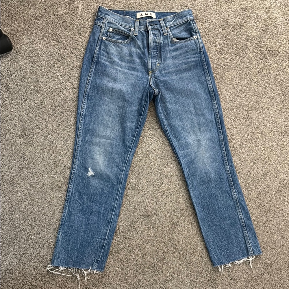 AMO Blue Straight Leg Jeans with Vintage Distressing